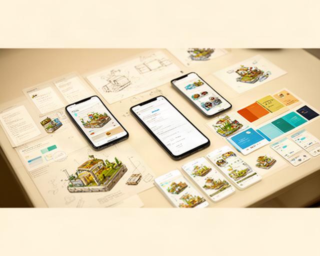 Proceso de diseño de Cosmic Farm con wireframes, paleta de interfaz y pantallas de granja espacial sobre una mesa de trabajo