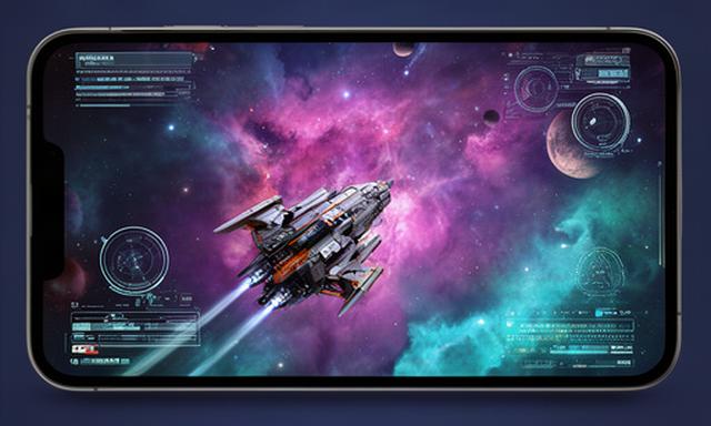 Pantalla de Nebula Drift con nave atravesando una nebulosa y paneles de exploración para móvil