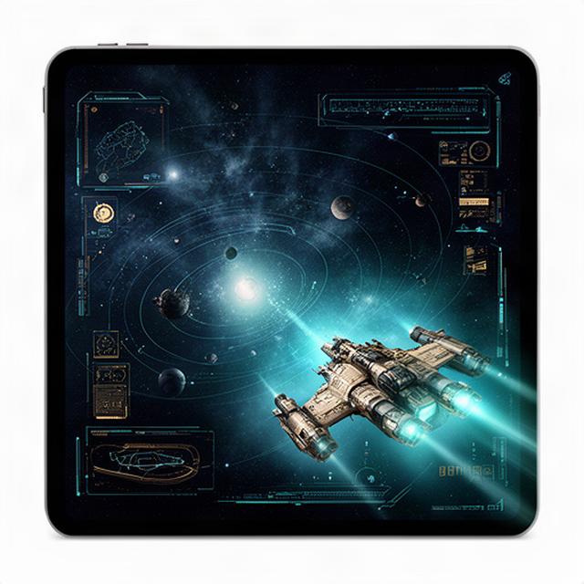 Pantalla de juego móvil con mapa estelar, paneles de control y una nave de exploración sobre fondo espacial