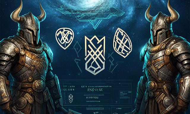 Identidad visual de Star Vikings con guerreros vikingos espaciales, insignias y panel de estrategia